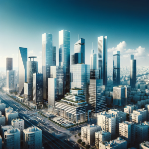 A modern skyline of Tel Aviv in 2024 focusing on commercial buildings. The image should depict high-rise office buildings, showcasing the growth and development