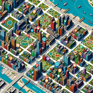 NY city detailed map of Manhattan showing different zoning areas with colorful zones. Include icons representing residential buildings, office spaces, and g