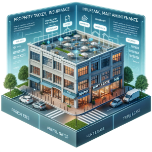 Triple Net Lease (NNN) in commercial real estate, showing a commercial building with ov