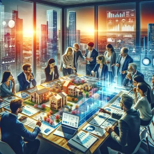 A vibrant and detailed image of a diverse group of people gathered around a table looking at various real estate properties. The scene is in a modern,