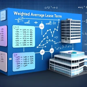 An informative graphic illustrating the concept of Weighted Average Lease Term (WALT) in commercial real estate. The image should feature a modern off