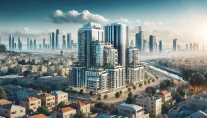 Renew Realty real estate market in Israel, featuring modern high-rise buildings, residential complexes, and commercial properties.