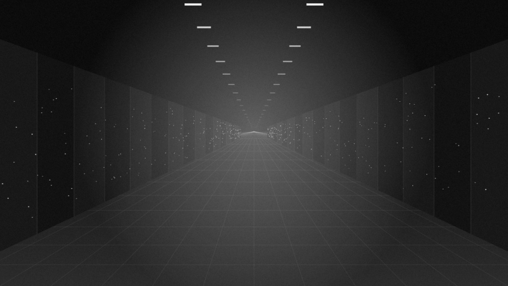 Data center hall with server rack rows, black and white illustration
