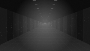 Data center hall with server rack rows, black and white illustration