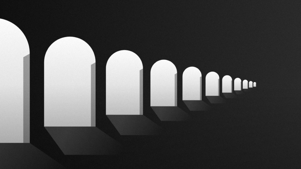 Hotel colonnade with arches, black and white illustration