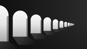 Hotel colonnade with arches, black and white illustration