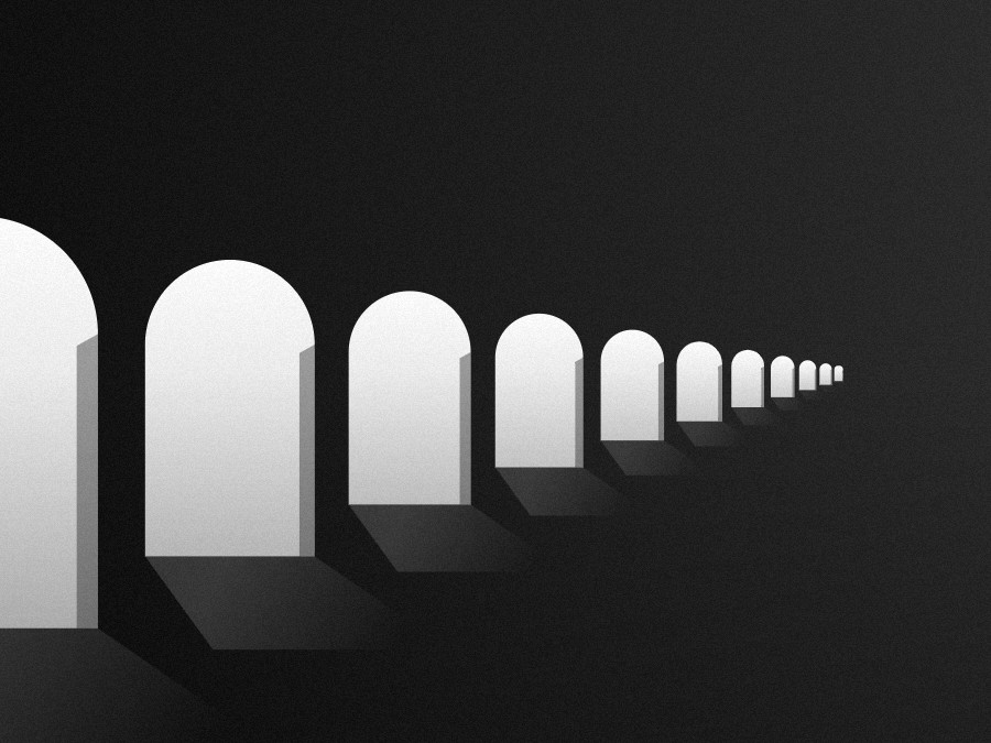 Hotel colonnade with arches, black and white