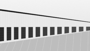 Logistics warehouse with loading docks, black and white illustration