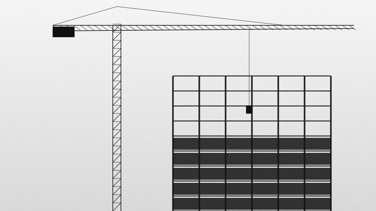 Tower crane over a residential building under construction, black and white illustration